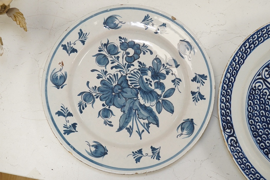 Two 18th century Delft pottery dishes, 36.5cm diameter. Condition - fair